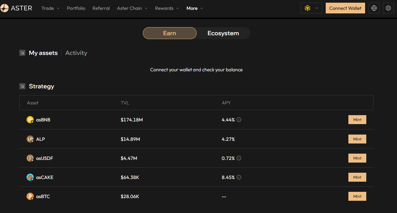 Aster Trade and Earn diagram showing asBNB liquid staked BNB and USDF yield-bearing stablecoin used as margin collateral while earning passive yield