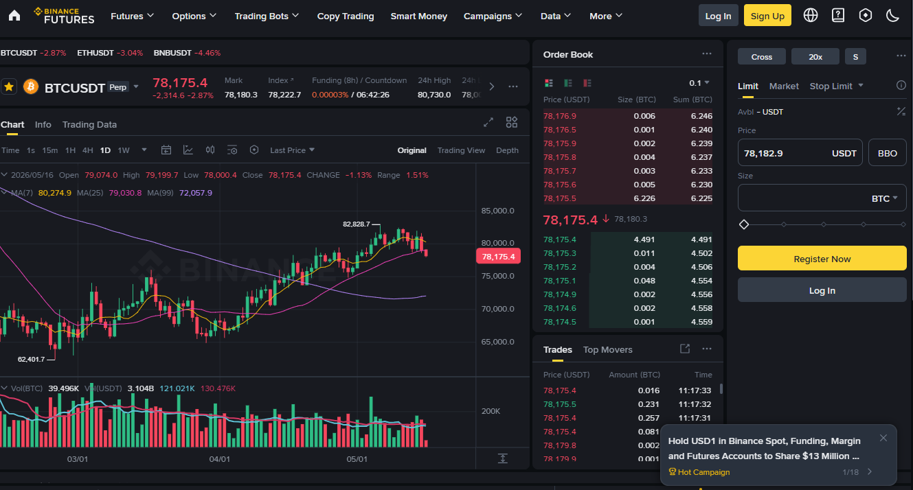 Binance Futures platform overview Binance Futures trading interface showing USDT-margined perpetual contracts with TradingView charts, order book, position panel, and up to 125x leverage selector