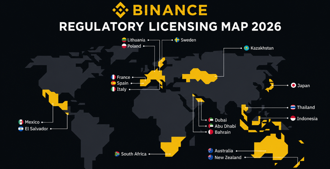 Binance regulatory licensing map 2026 Map of Binance regulatory licences across Abu Dhabi, EU, Asia, and other jurisdictions in 2026