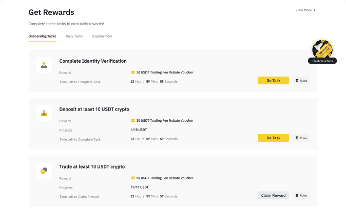 Binance Rewards Hub Binance Rewards Hub showing the $100 welcome bonus broken into KYC, deposit, and trading tasks