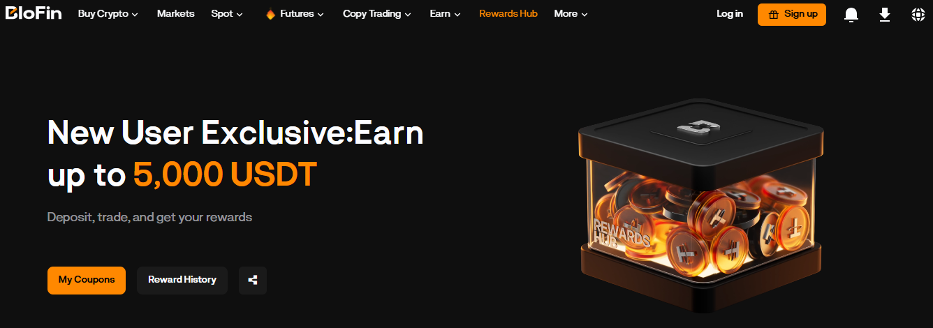 BloFin Rewards Centre BloFin Rewards Centre showing tiered welcome bonuses including deposit voucher, futures trade bonus, and Champions League prediction event