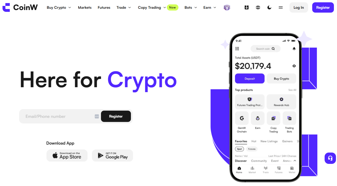 CoinW platform overview CoinW trading interface showing spot, futures, ETF, and copy trading products in the dashboard
