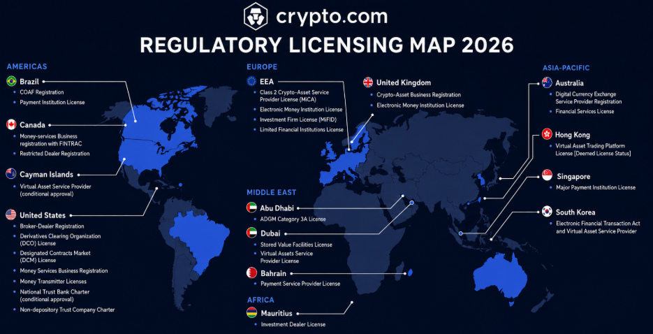 Crypto.com global regulatory licence map World map showing Crypto.com regulatory licenses including MiCA Malta, FCA UK, MAS Singapore, VARA Dubai, and US state licenses