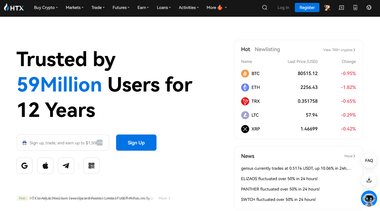 HTX platform overview HTX trading interface showing the spot market, futures dashboard, and Tron ecosystem tokens listing