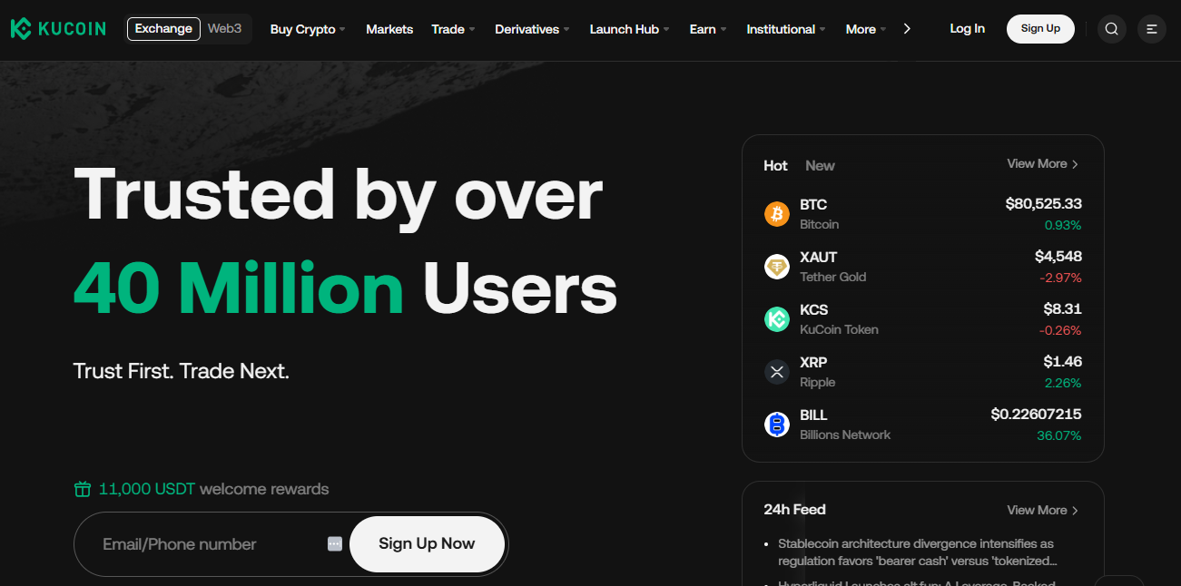 KuCoin platform overview KuCoin trading interface showing the spot market, order book, and tokens listing