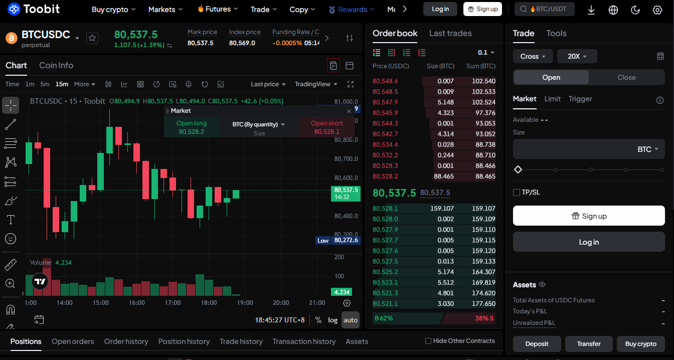 Toobit platform overview Toobit trading interface showing the futures market with up to 200x leverage, advanced order types, and the demo trading feature